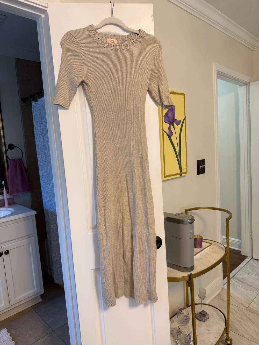 Camila Coelho Beige Ribbed Maxi Dress with Decorative Neckline